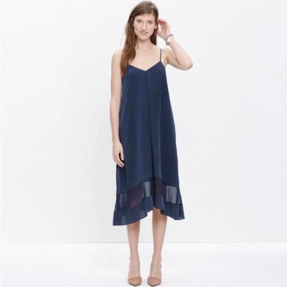 MADEWELL 100% Silk Spaghetti Strap Shift Dress, Navy Blue, Size Small